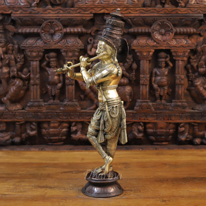 Brass Lord Krishna Statue, playing Flute, Golden Fine Finish With Copper Accents, 23"