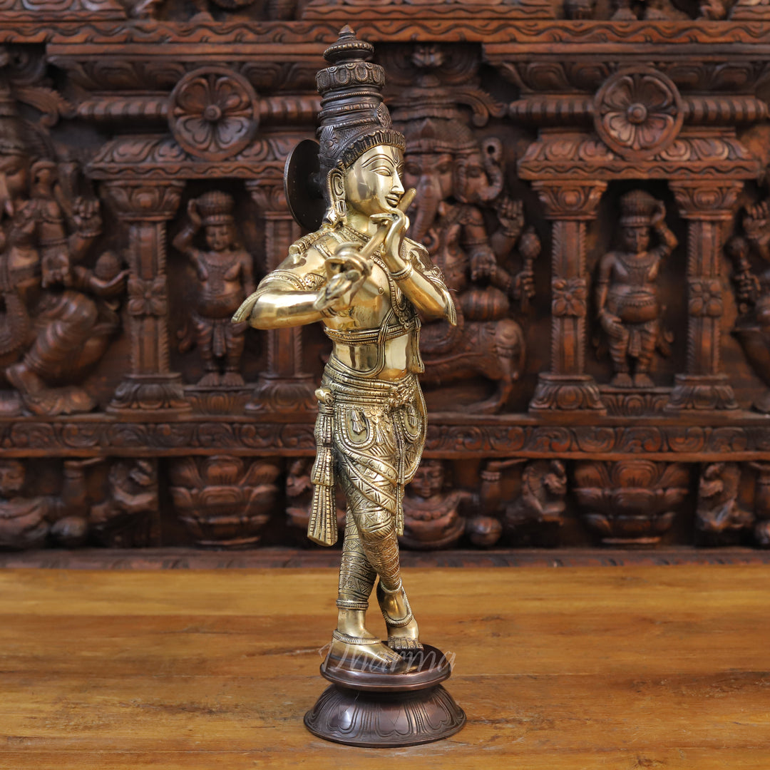 Brass Lord Krishna Statue, playing Flute, Golden Fine Finish With Copper Accents, 23"