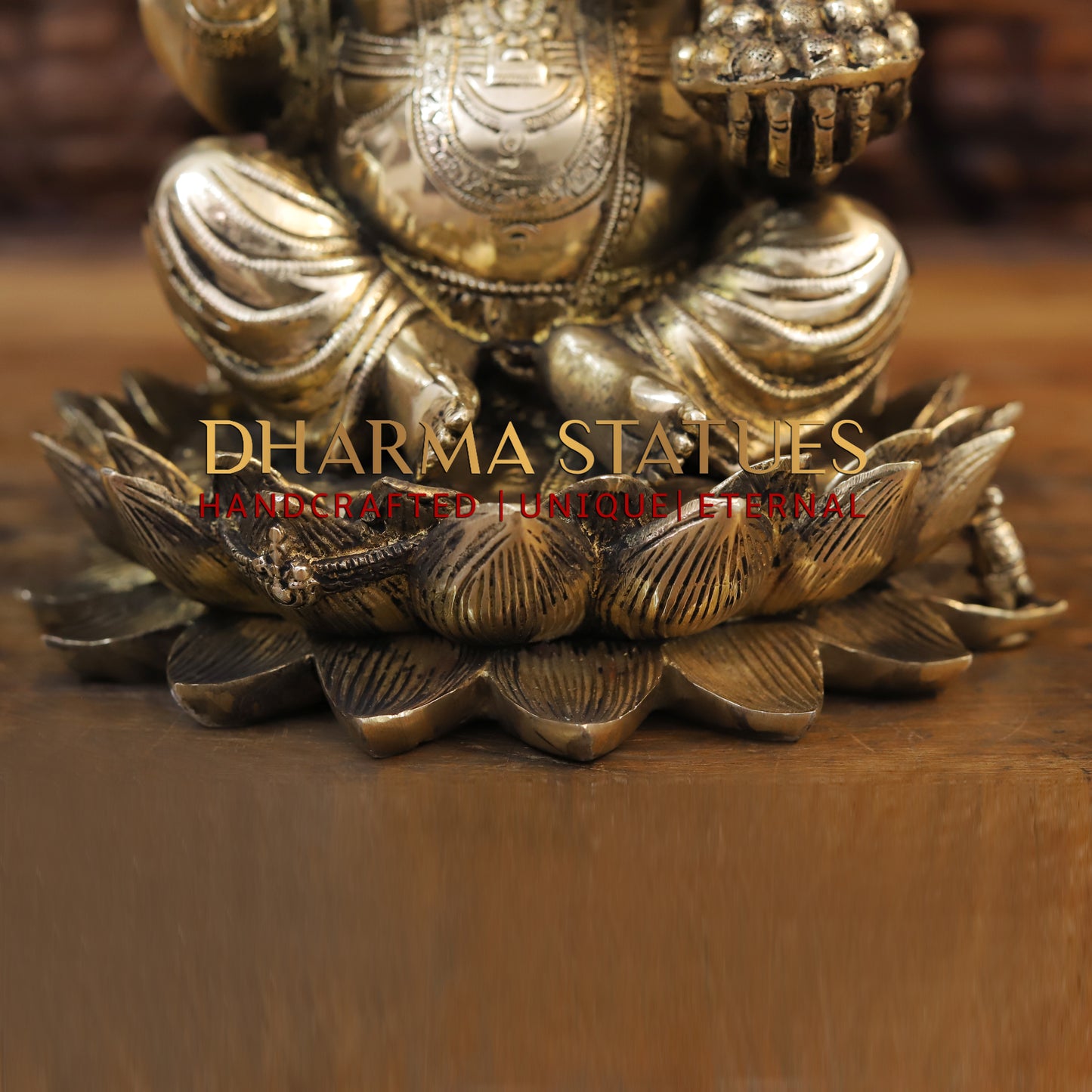 Brass Ganesh seated on Lotus, Blessing Posture, Golden Finish, 11.5"