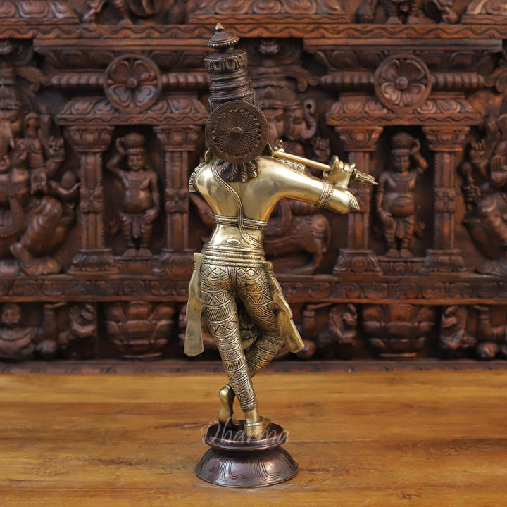 Brass Lord Krishna Statue, playing Flute, Golden Fine Finish With Copper Accents, 23"