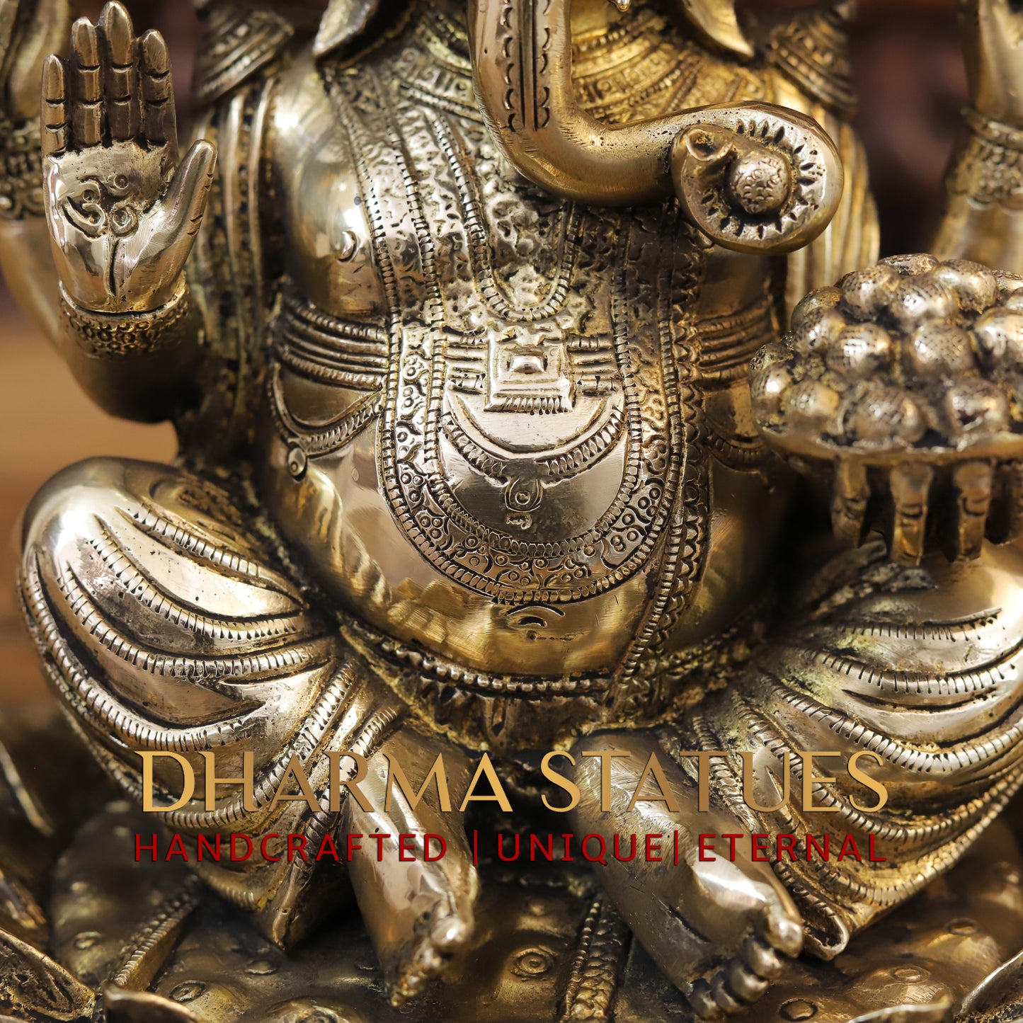 Brass Ganesh seated on Lotus, Blessing Posture, Golden Finish, 11.5"