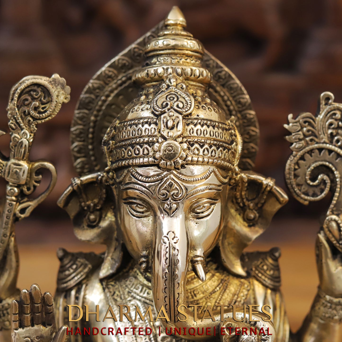 Brass Ganesh seated on Lotus, Blessing Posture, Golden Finish, 11.5"