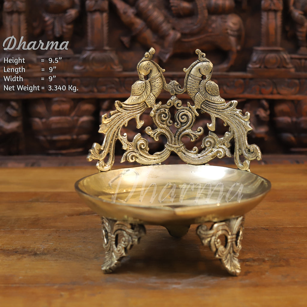 Brass Peacock Diya, Fine Golden Finish 9.5"