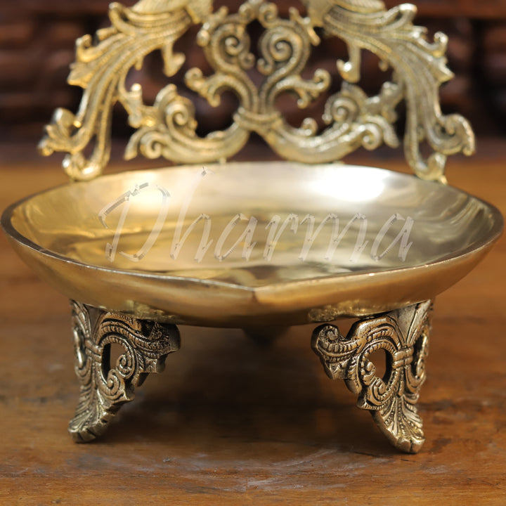 Brass Peacock Diya, Fine Golden Finish 9.5"