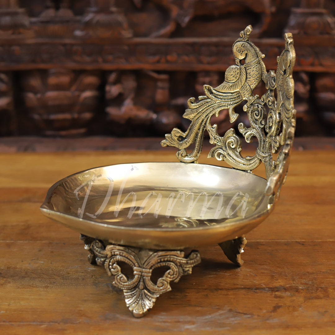 Brass Peacock Diya, Fine Golden Finish 9.5"