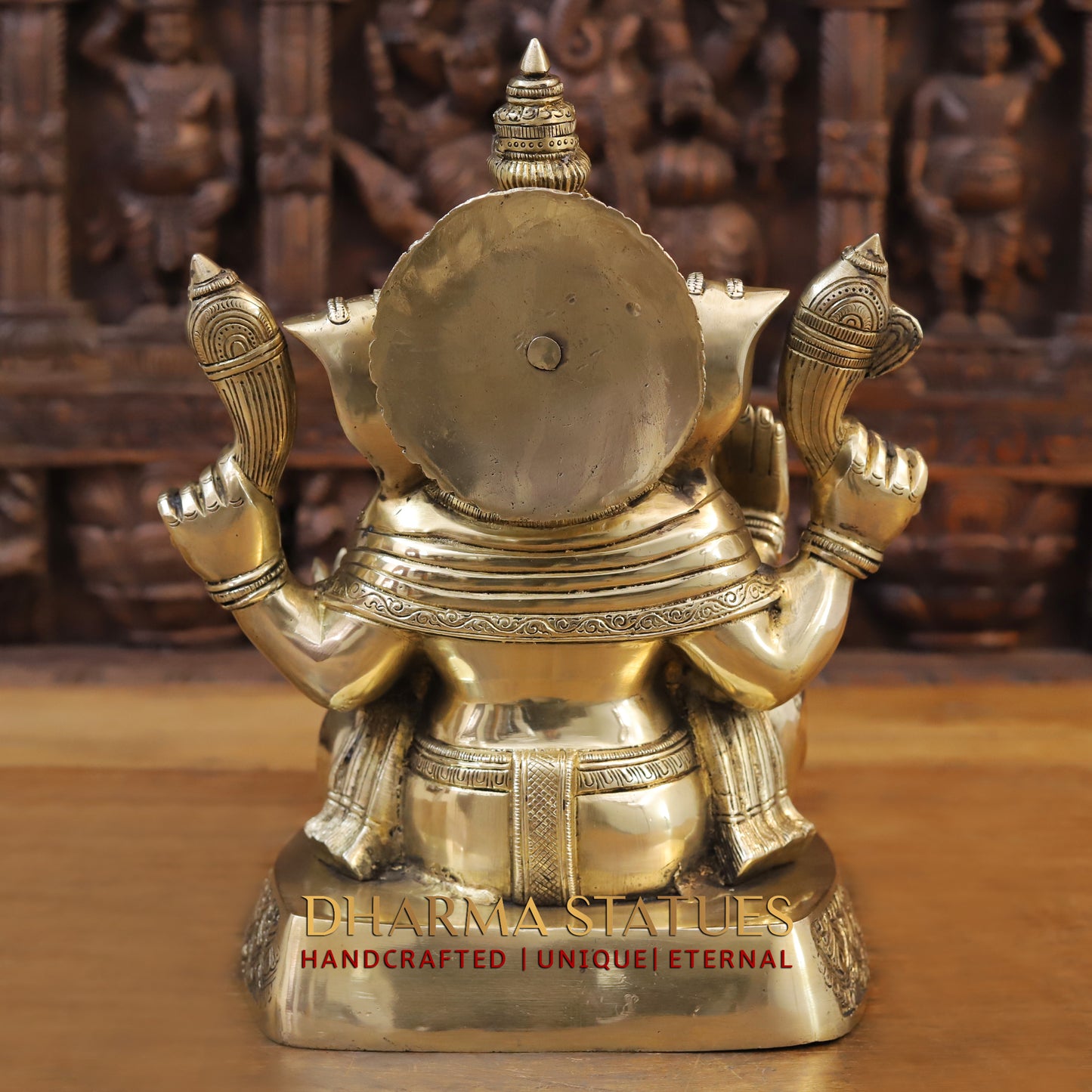Brass Ganesh seated on Base, Blessing Posture, Golden Finish, 14"