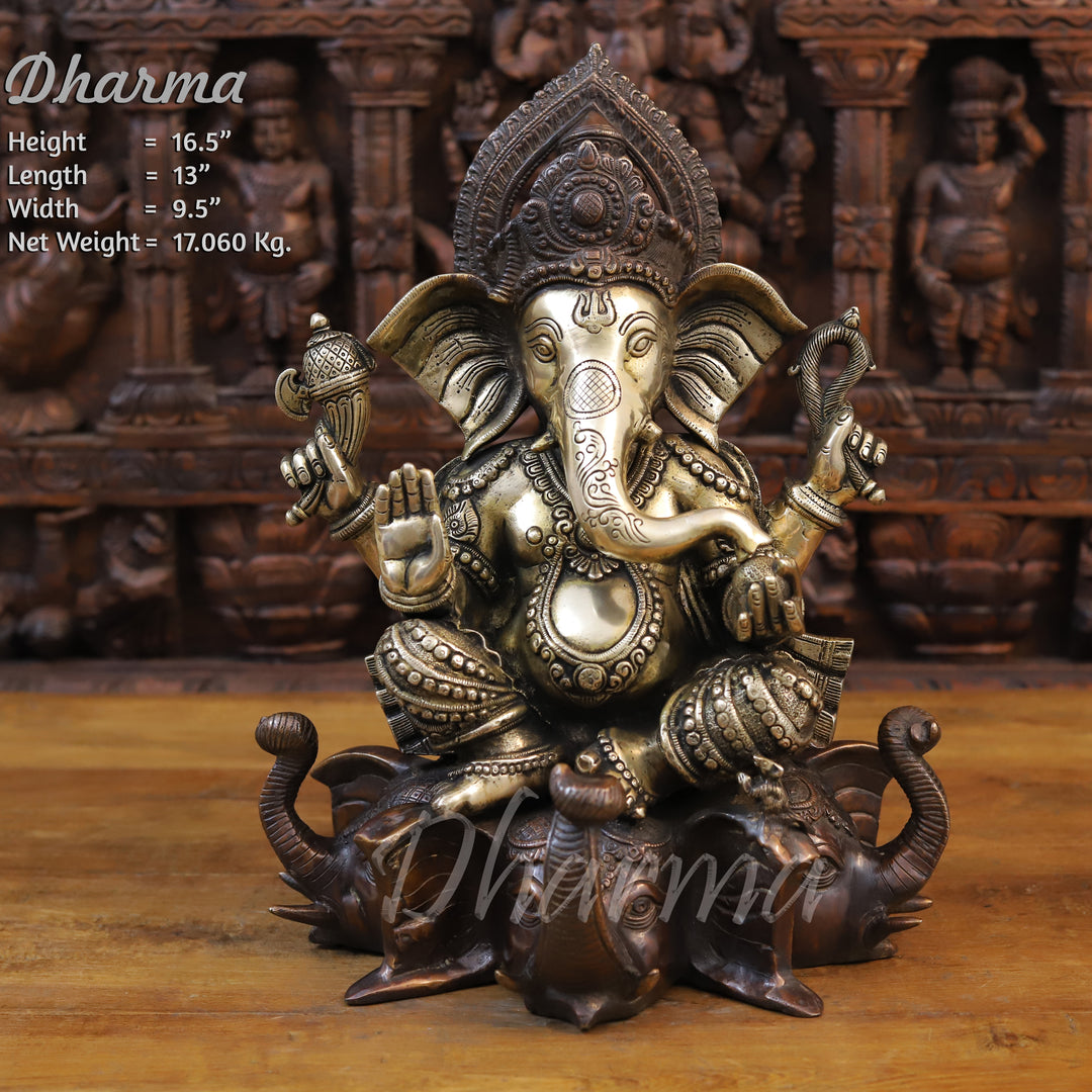 Brass Lord Ganesh Idol, Seated on Elephant Heads, Golden and Copper Finish 16.5" Front View