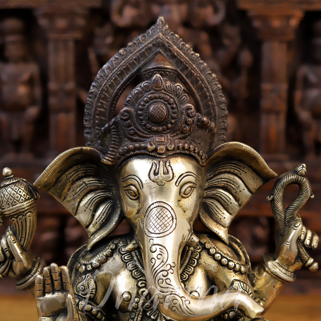 Brass Lord Ganesh Idol, Seated on Elephant Heads, Golden and Copper Finish 16.5"