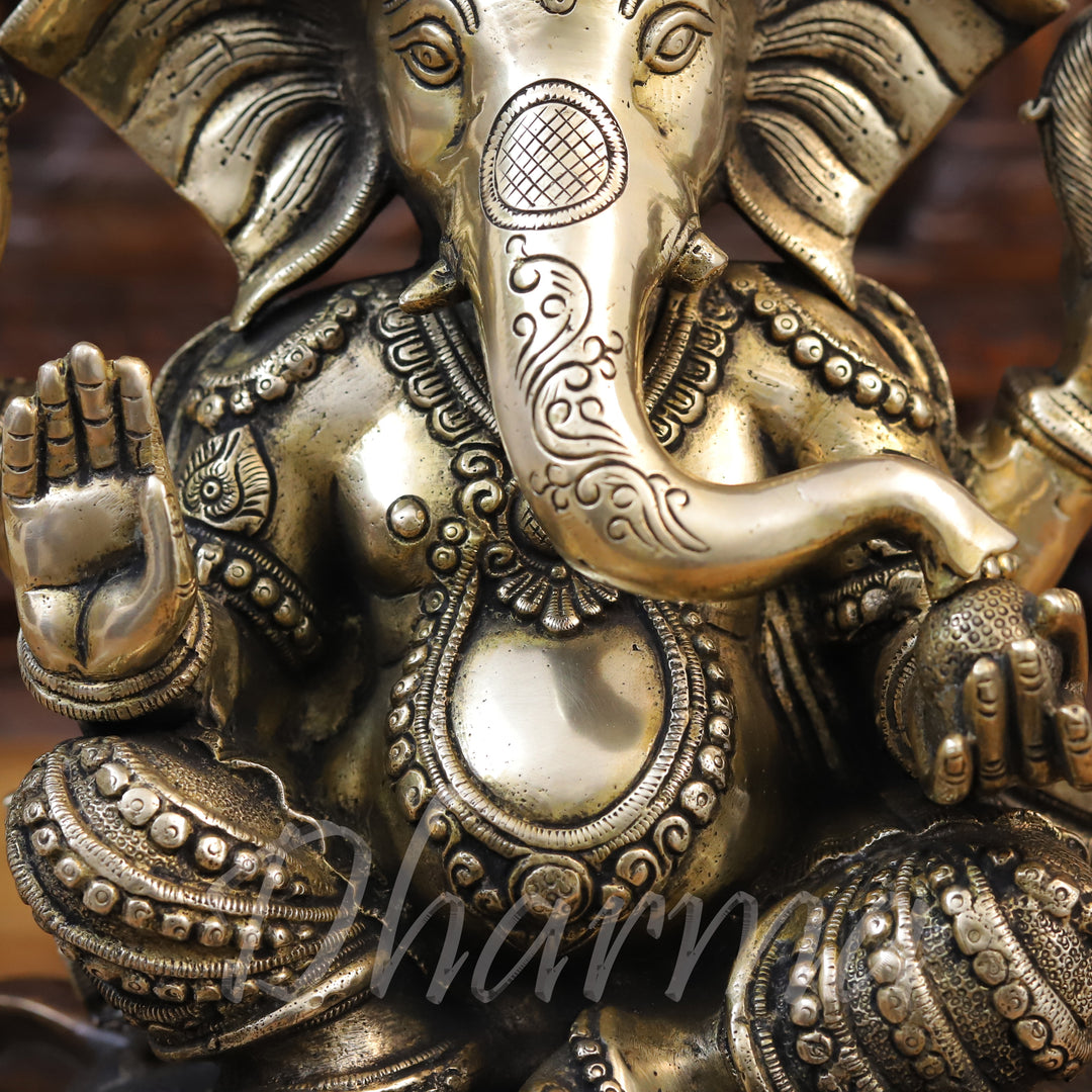 Brass Lord Ganesh Idol, Seated on Elephant Heads, Golden and Copper Finish 16.5"