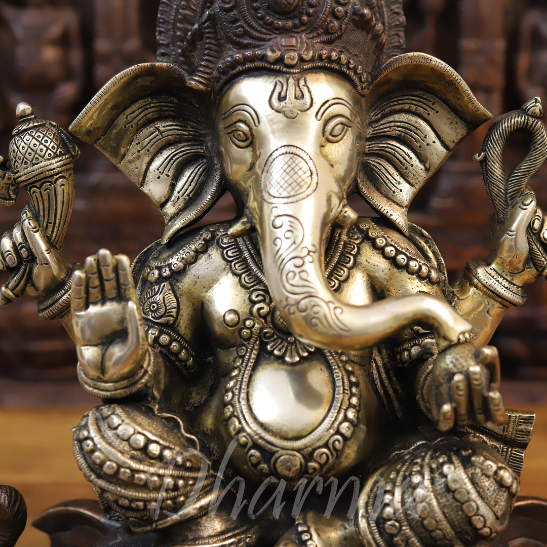 Brass Lord Ganesh Idol, Seated on Elephant Heads, Golden and Copper Finish 16.5"