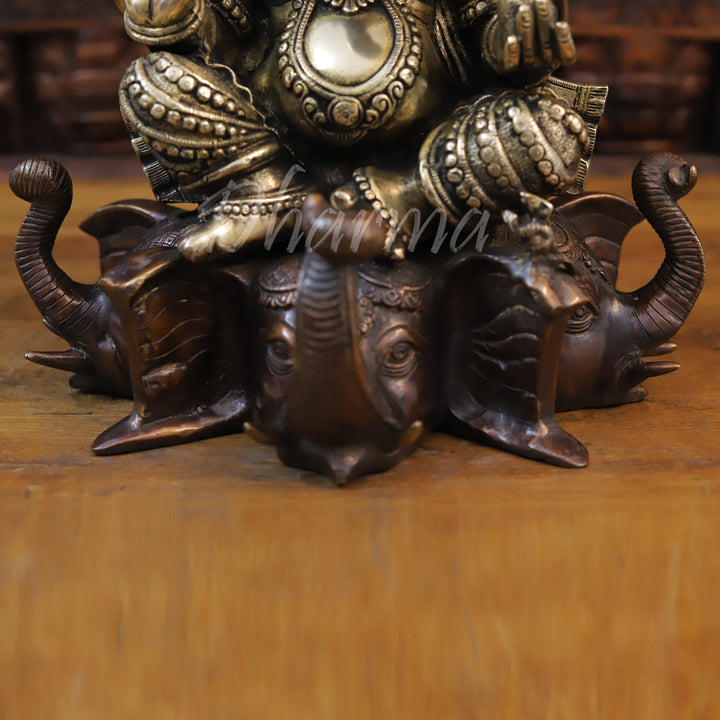 Brass Lord Ganesh Idol, Seated on Elephant Heads, Golden and Copper Finish 16.5"