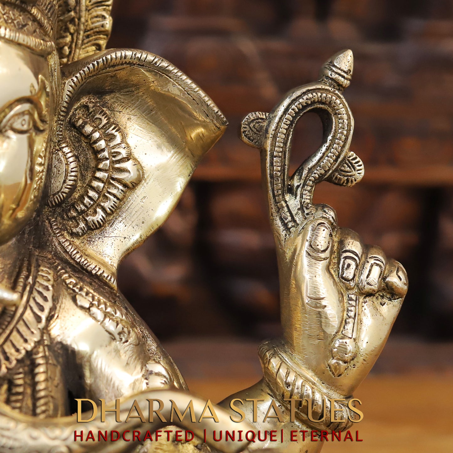 Brass Ganesh seated on Base, Blessing Posture, Golden Finish, 14"