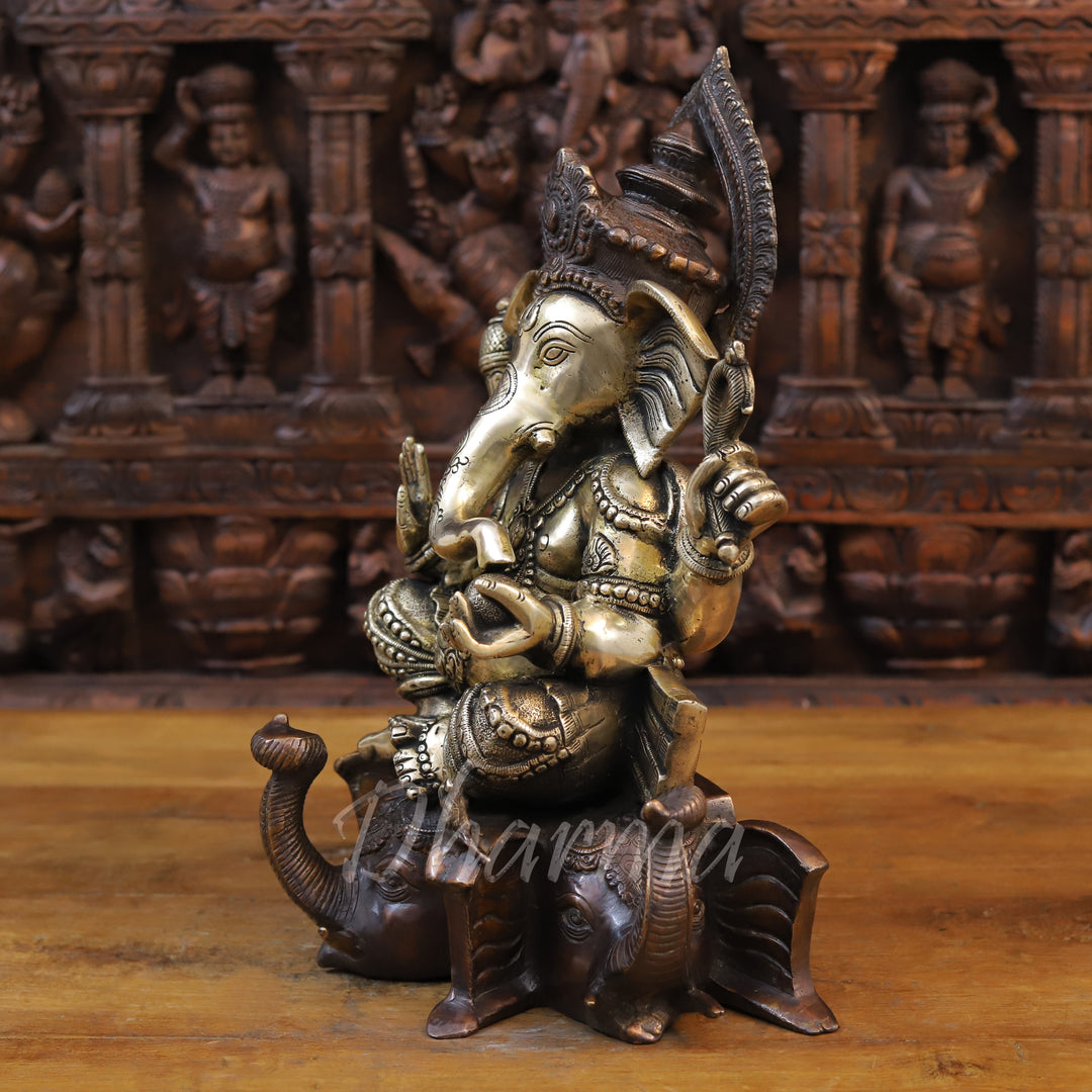 Brass Lord Ganesh Idol, Seated on Elephant Heads, Golden and Copper Finish 16.5"