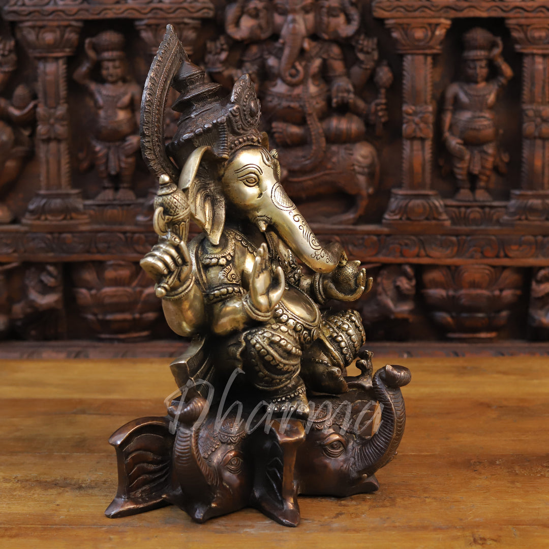 Brass Lord Ganesh Idol, Seated on Elephant Heads, Golden and Copper Finish 16.5"