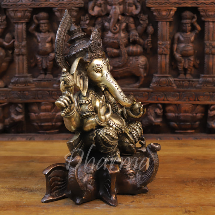 Brass Lord Ganesh Idol, Seated on Elephant Heads, Golden and Copper Finish 16.5"