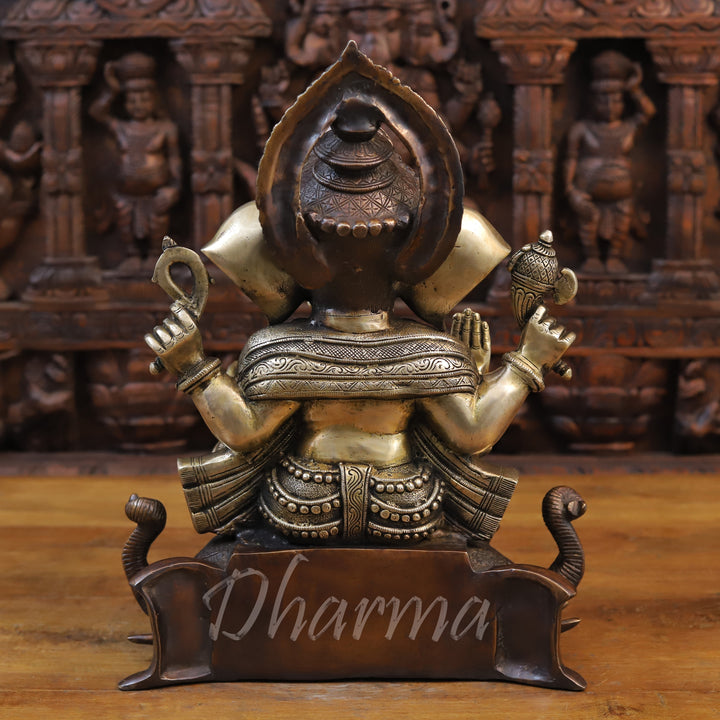 Brass Lord Ganesh Idol, Seated on Elephant Heads, Golden and Copper Finish 16.5"