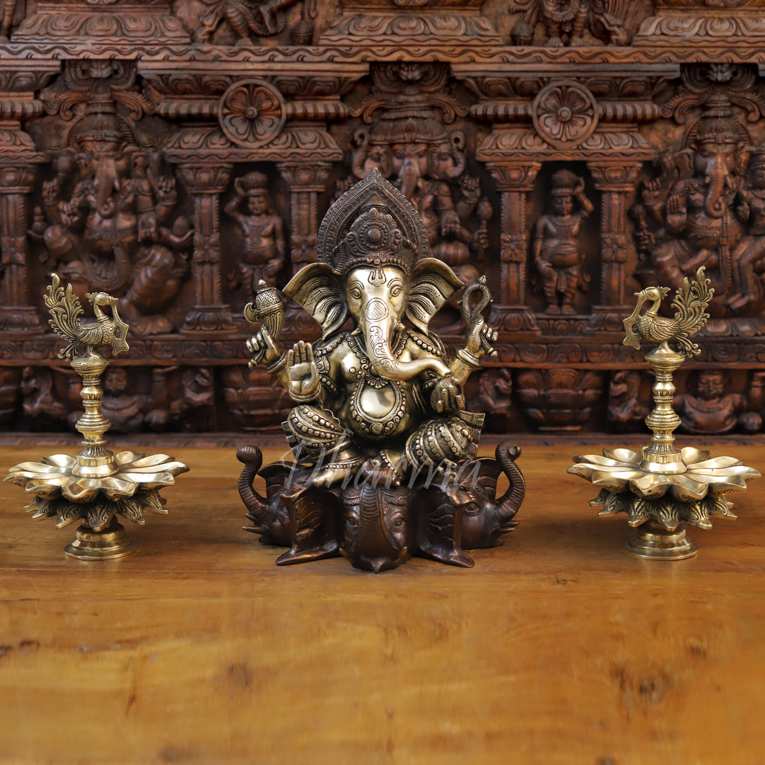 Brass Lord Ganesh Idol, Seated on Elephant Heads, Golden and Copper Finish 16.5"