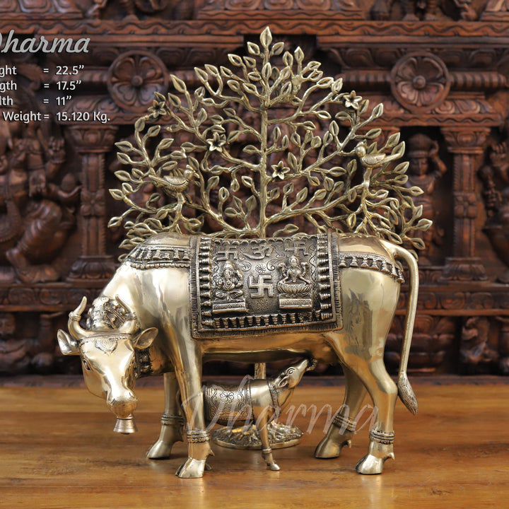 Brass Kamdhenu Cow, Feeding her Calf, Fine Golden Finish 22.5"