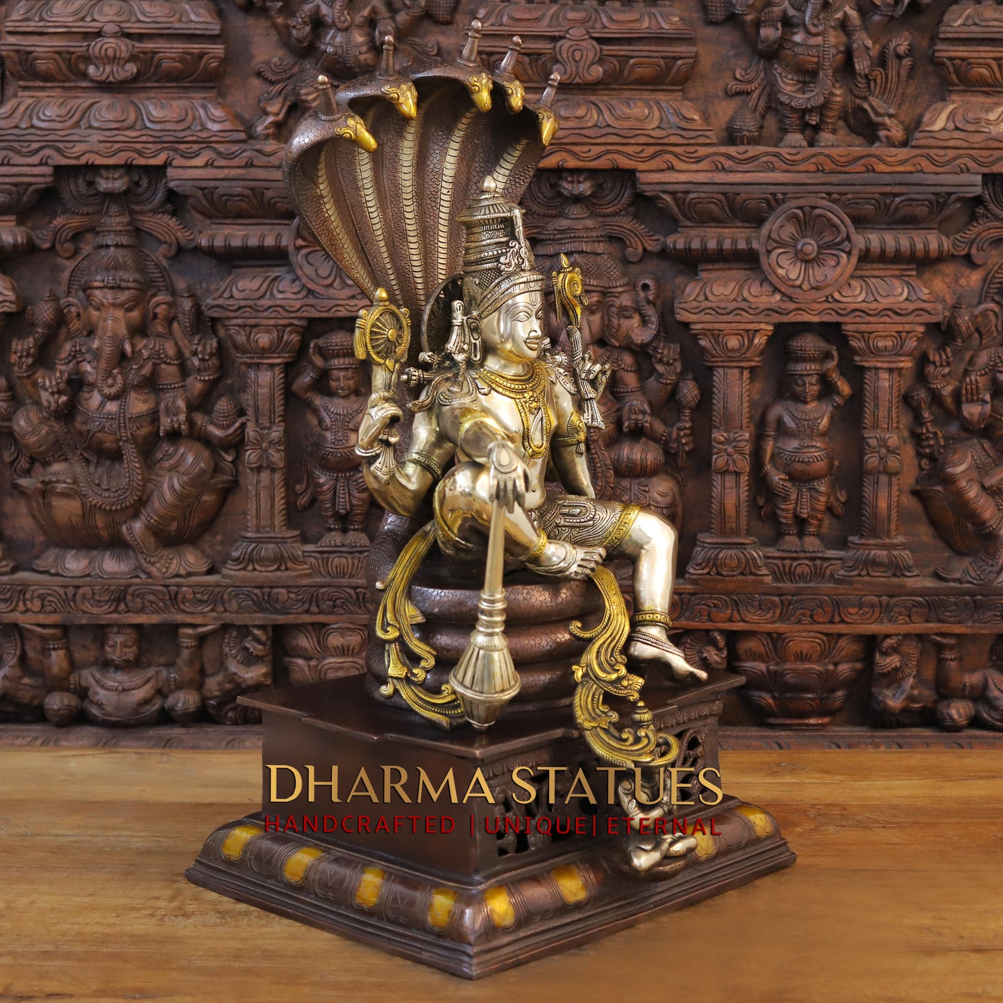 Brass Vishnu Seated on Sheshanaga, Copper & Golden Finish, 29"