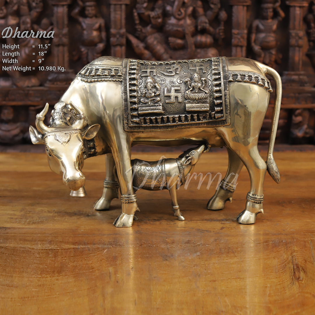 Brass Kamdhenu Cow, Feeding her Calf, Fine Golden Finish 22.5"