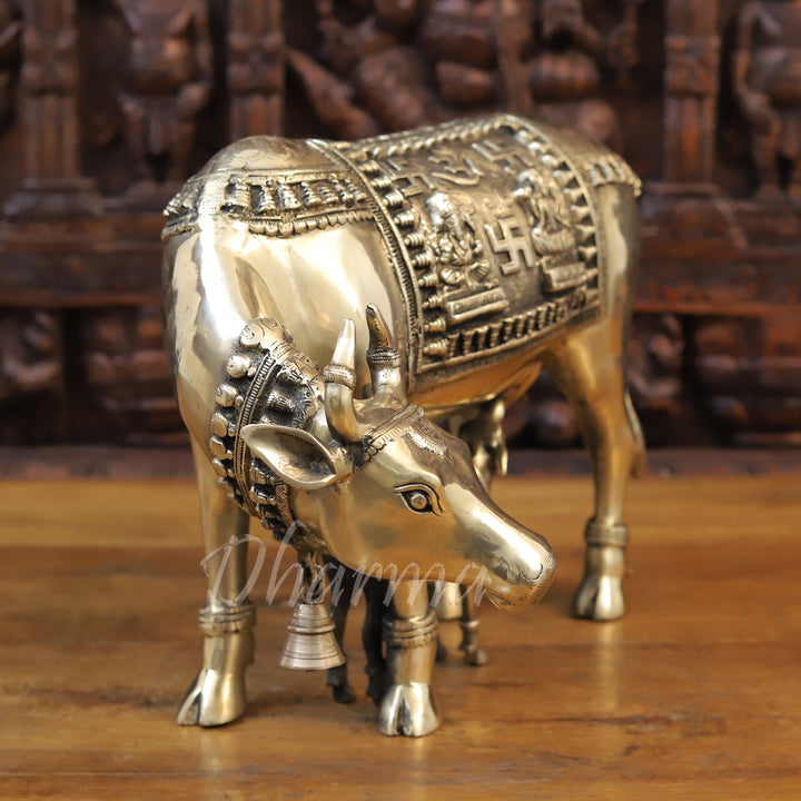 Brass Kamdhenu Cow, Feeding her Calf, Fine Golden Finish 22.5"