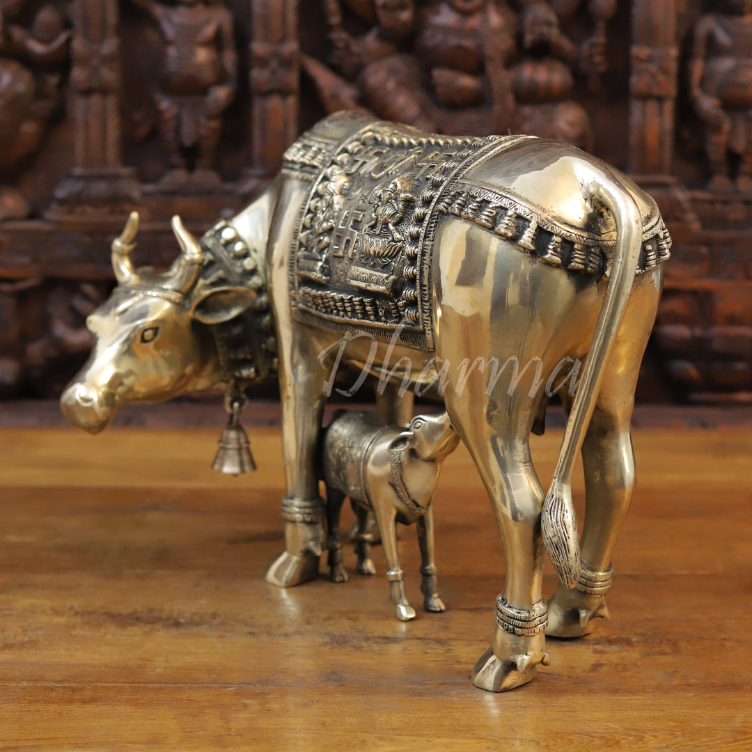 Brass Kamdhenu Cow, Feeding her Calf, Fine Golden Finish 22.5"