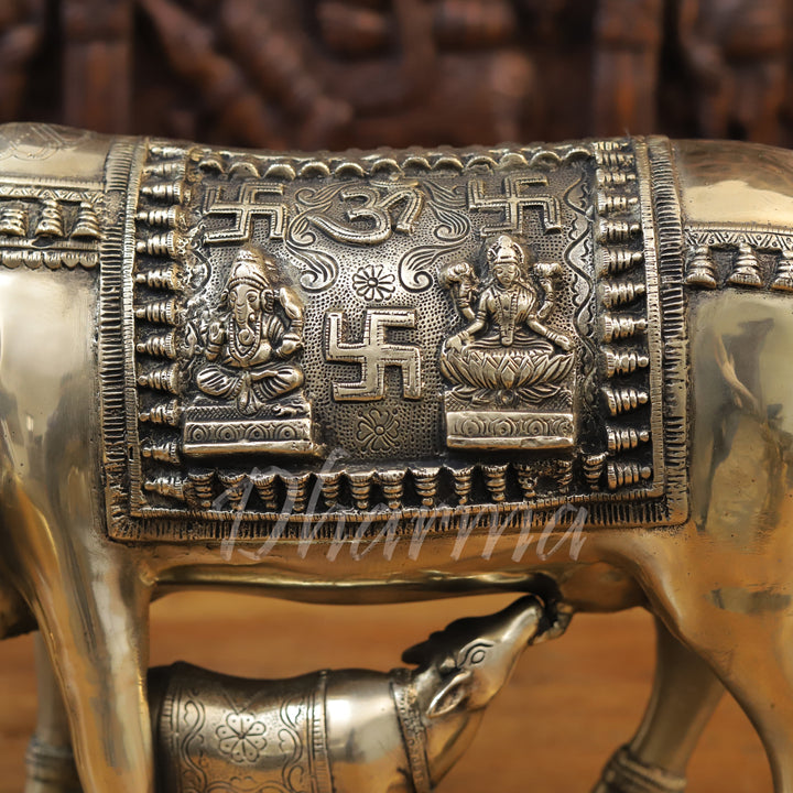 Brass Kamdhenu Cow, Feeding her Calf, Fine Golden Finish 22.5"