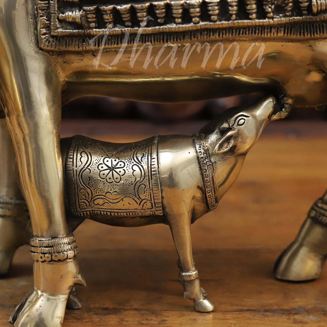 Brass Kamdhenu Cow, Feeding her Calf, Fine Golden Finish 22.5"