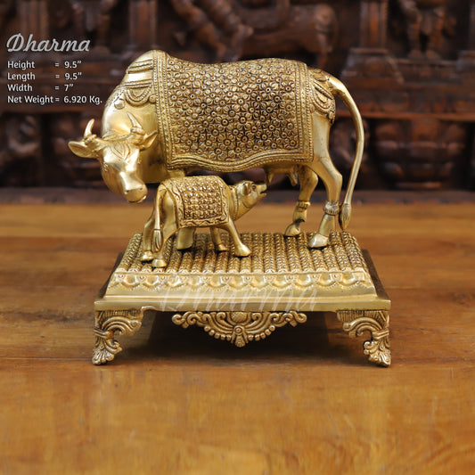 Brass Cow Feeding His Calf, Fine Golden Finish, 9.5"