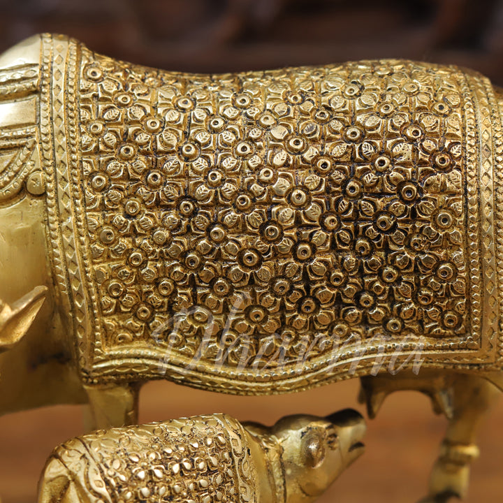 Brass Kamdhenu Cow, Nurturing the Divine, Fine Gold Finish 9.5"