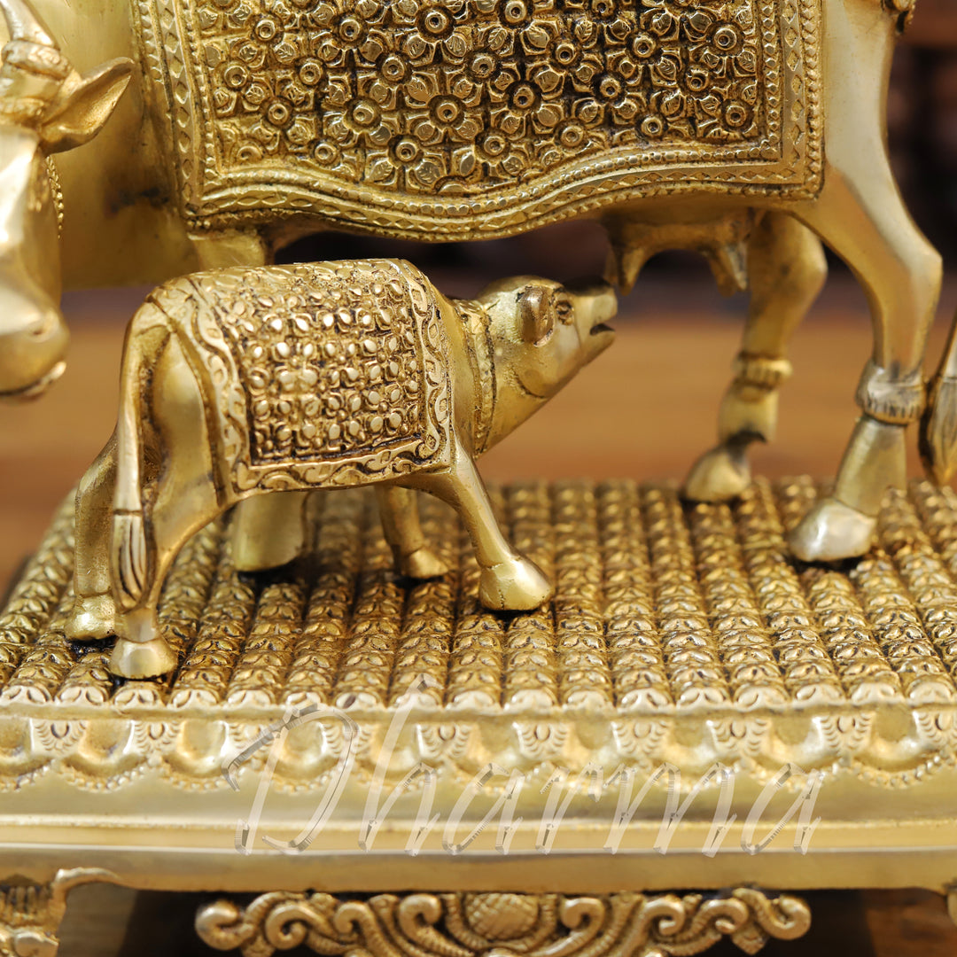 Brass Kamdhenu Cow, Nurturing the Divine, Fine Gold Finish 9.5"