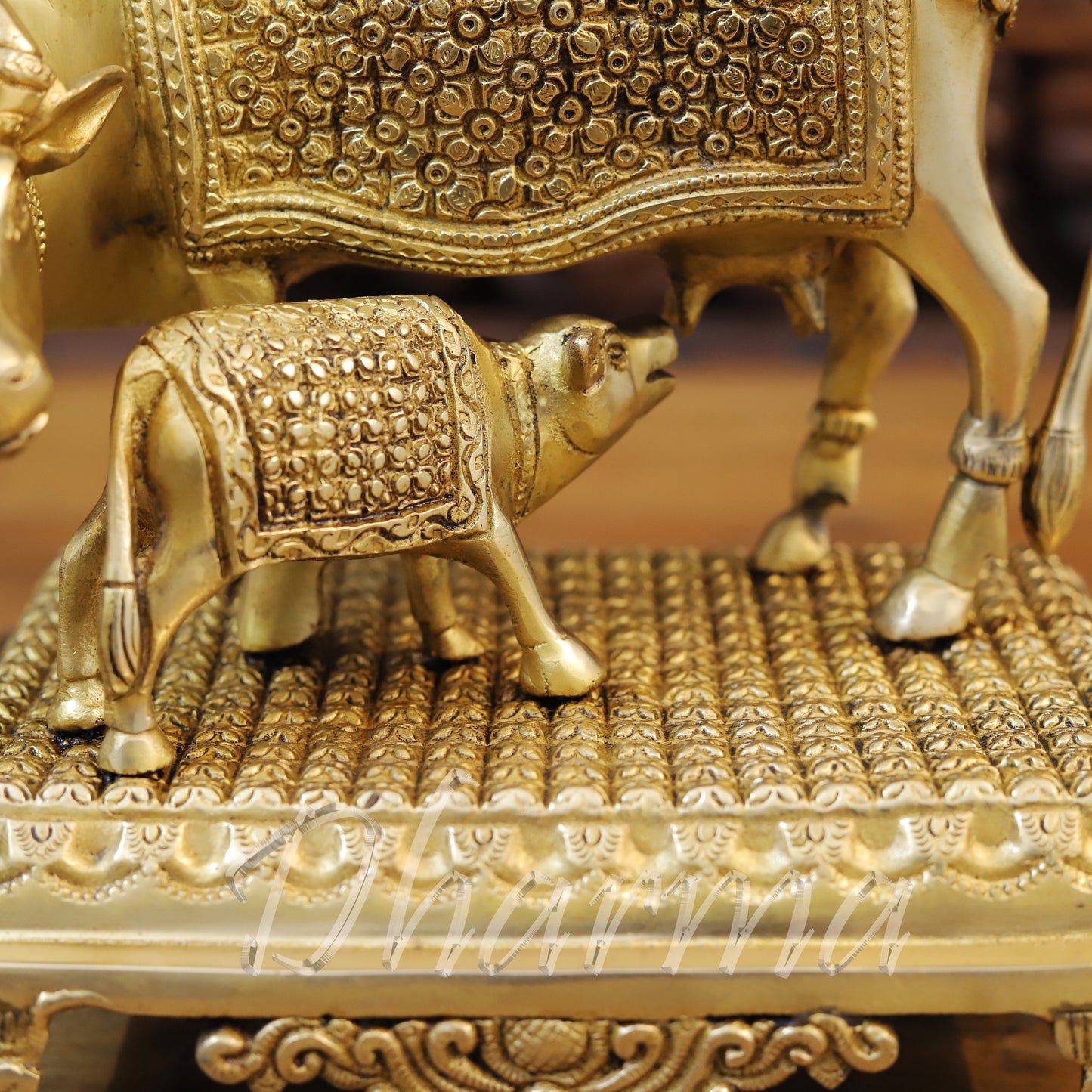 Brass Cow Feeding His Calf, Fine Golden Finish, 9.5"