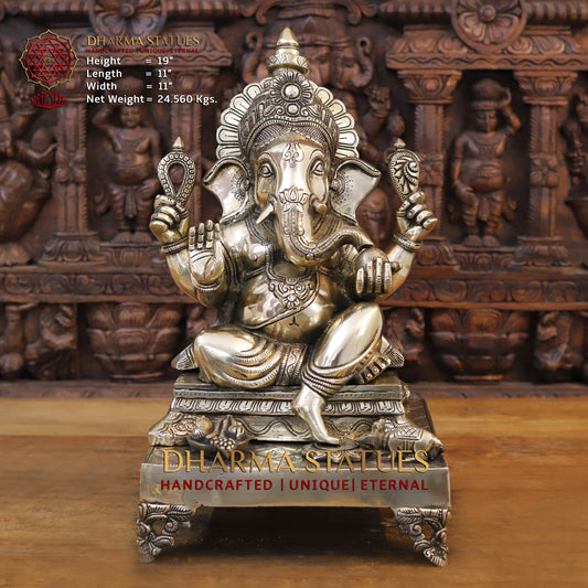 Brass Ganesh seated on Chowki, Blessing Posture, 19"