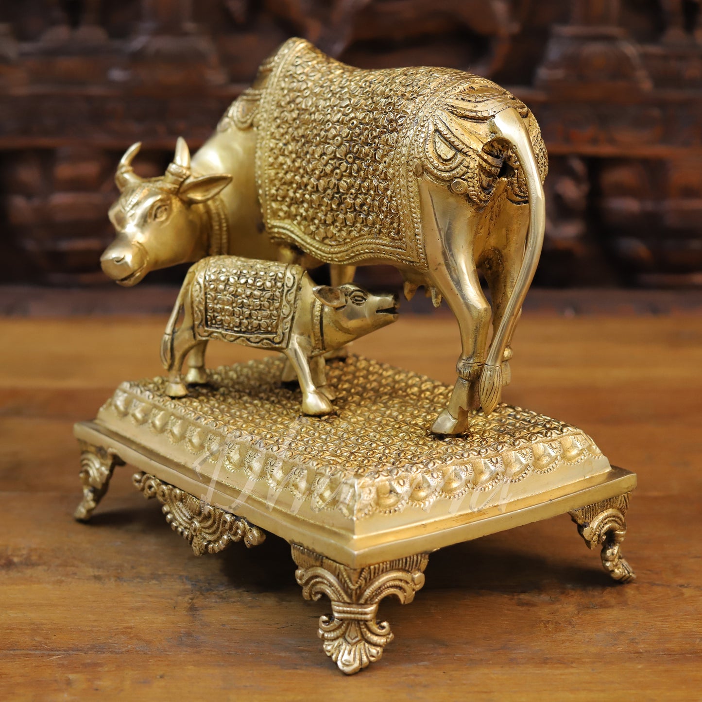 Brass Cow Feeding His Calf, Fine Golden Finish, 9.5"