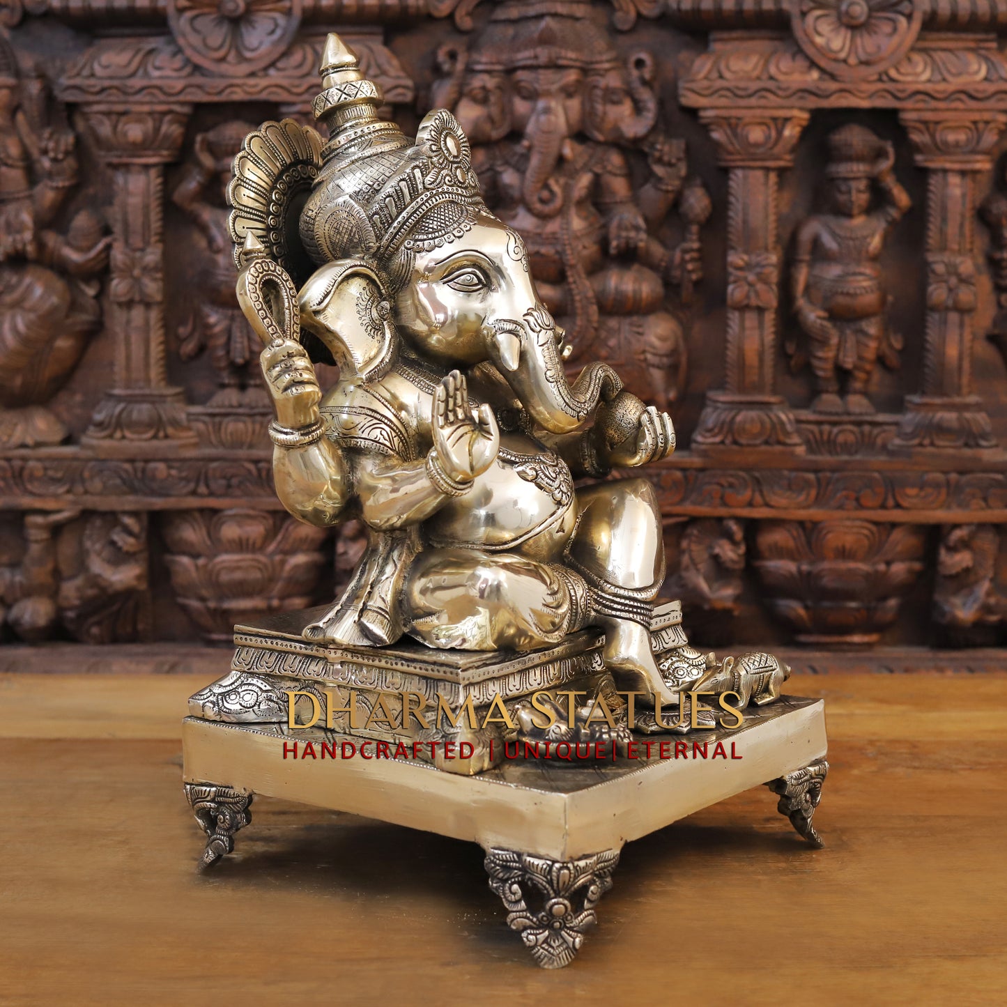 Brass Ganesh seated on Chowki, Blessing Posture, 19"