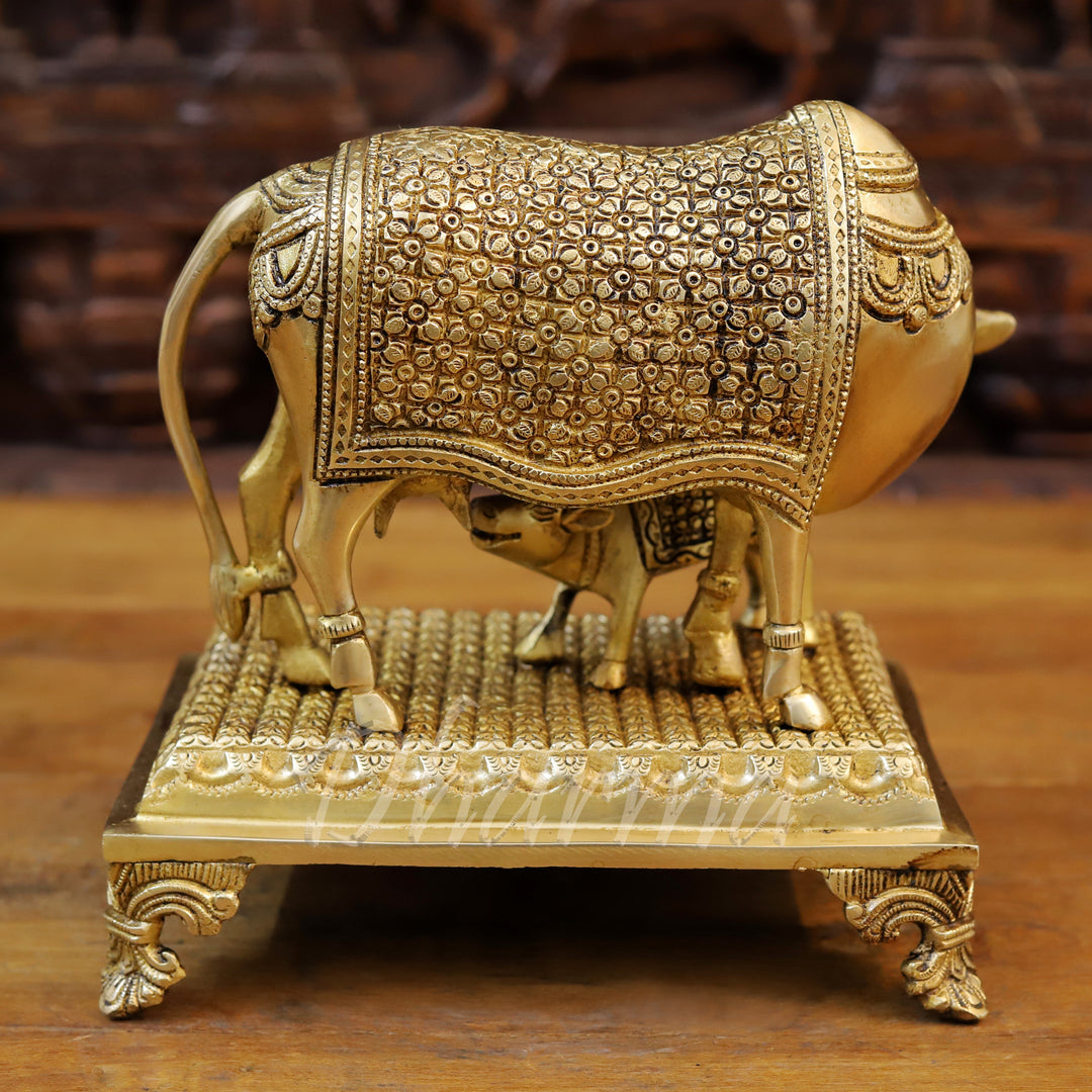 Brass Cow Feeding His Calf, Fine Golden Finish 9.5"