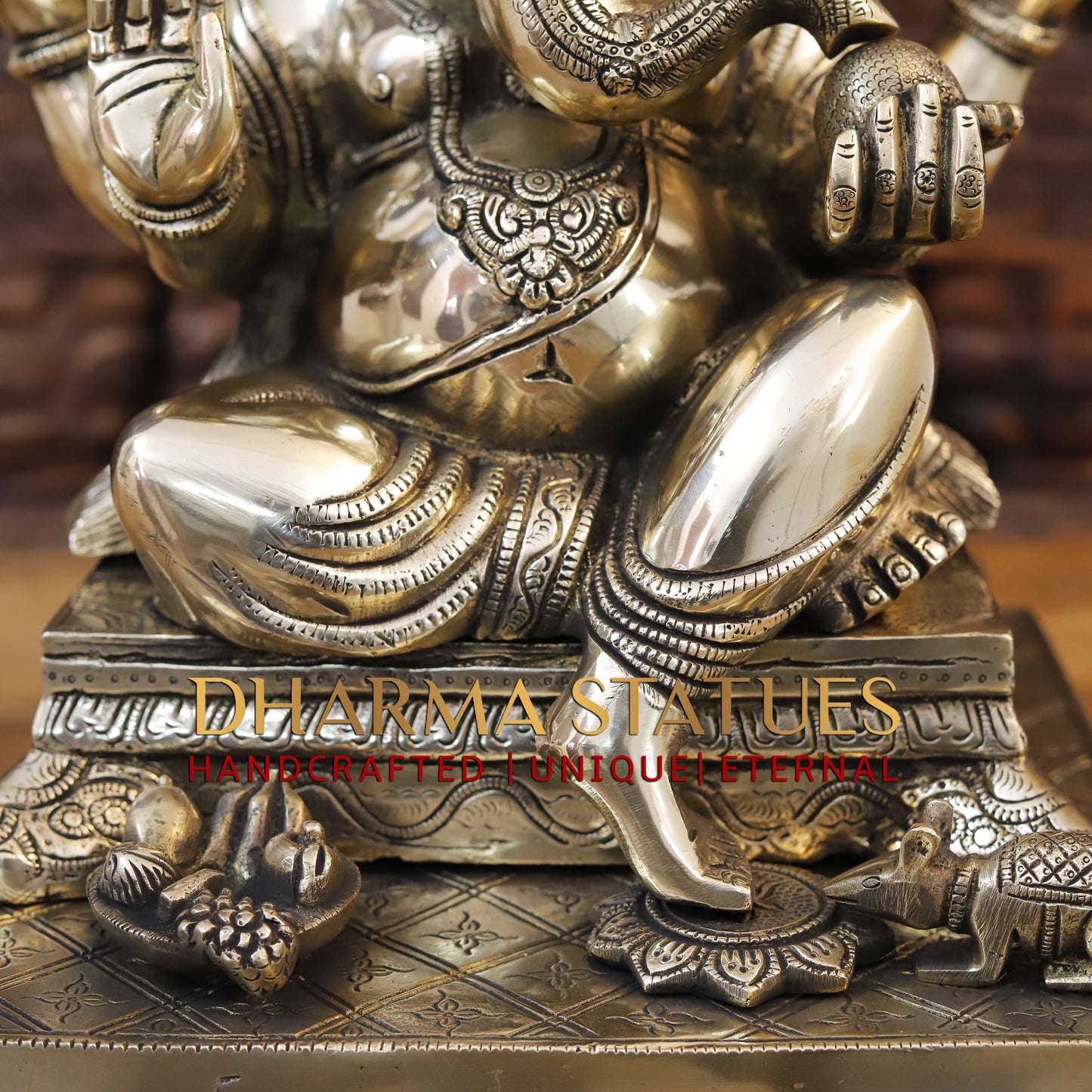 Brass Ganesh seated on Chowki, Blessing Posture, 19"
