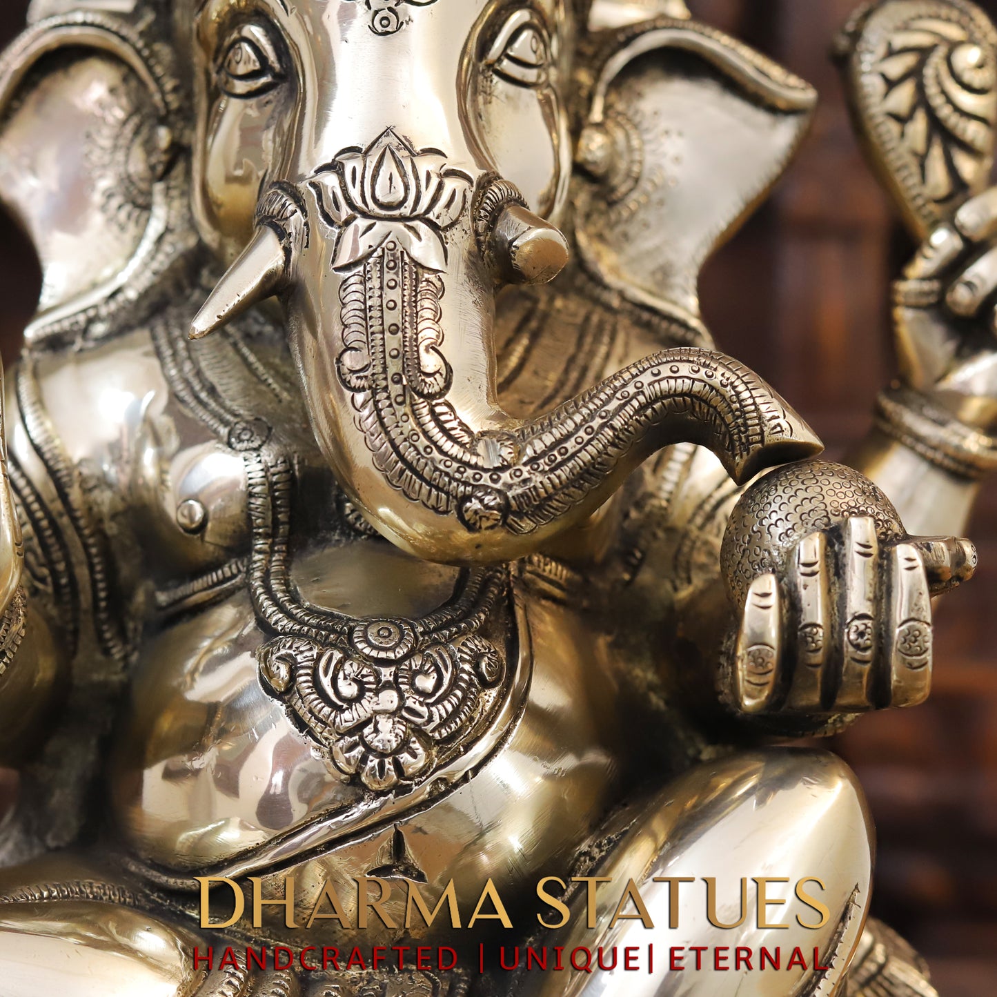 Brass Ganesh seated on Chowki, Blessing Posture, 19"
