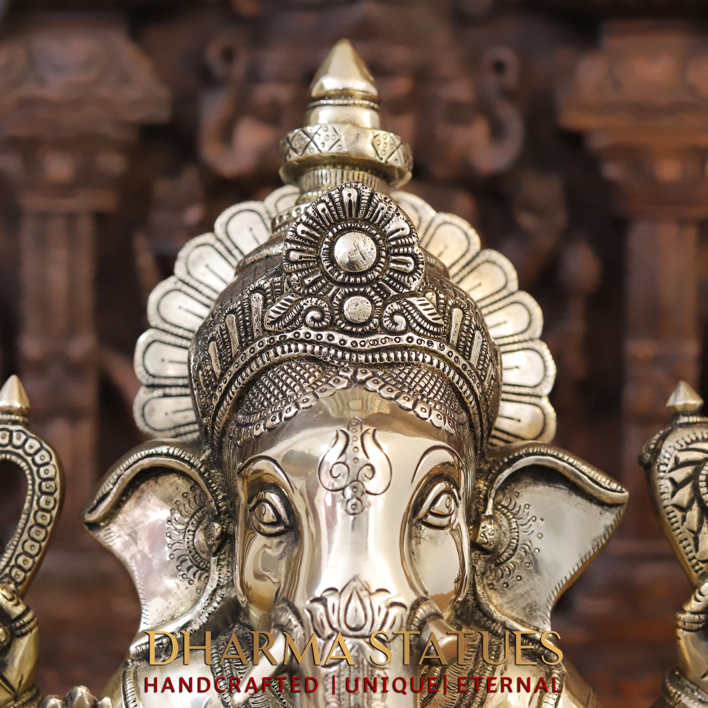 Brass Ganesh seated on Chowki, Blessing Posture, 19"