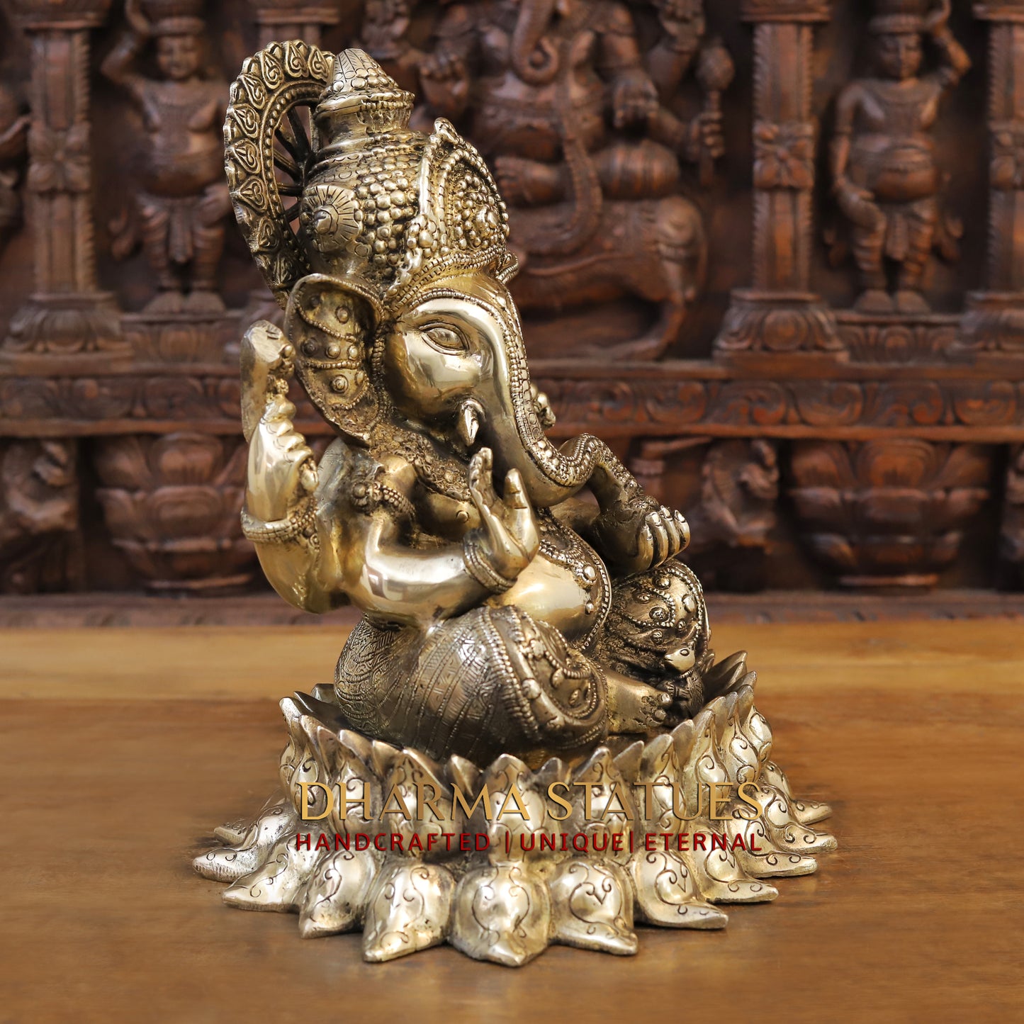 Brass Ganesh seated on Lotus, Blessing Position, Golden Finish, 15"