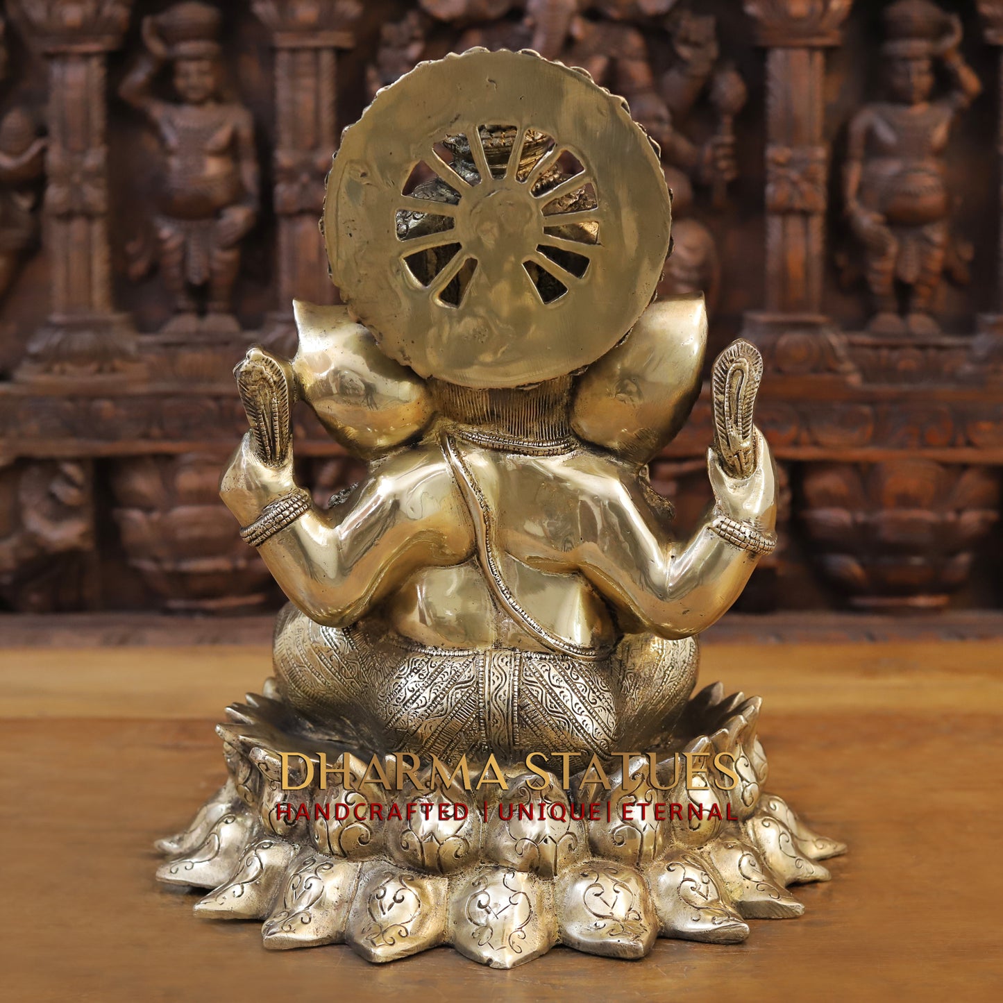 Brass Ganesh seated on Lotus, Blessing Position, Golden Finish, 15"