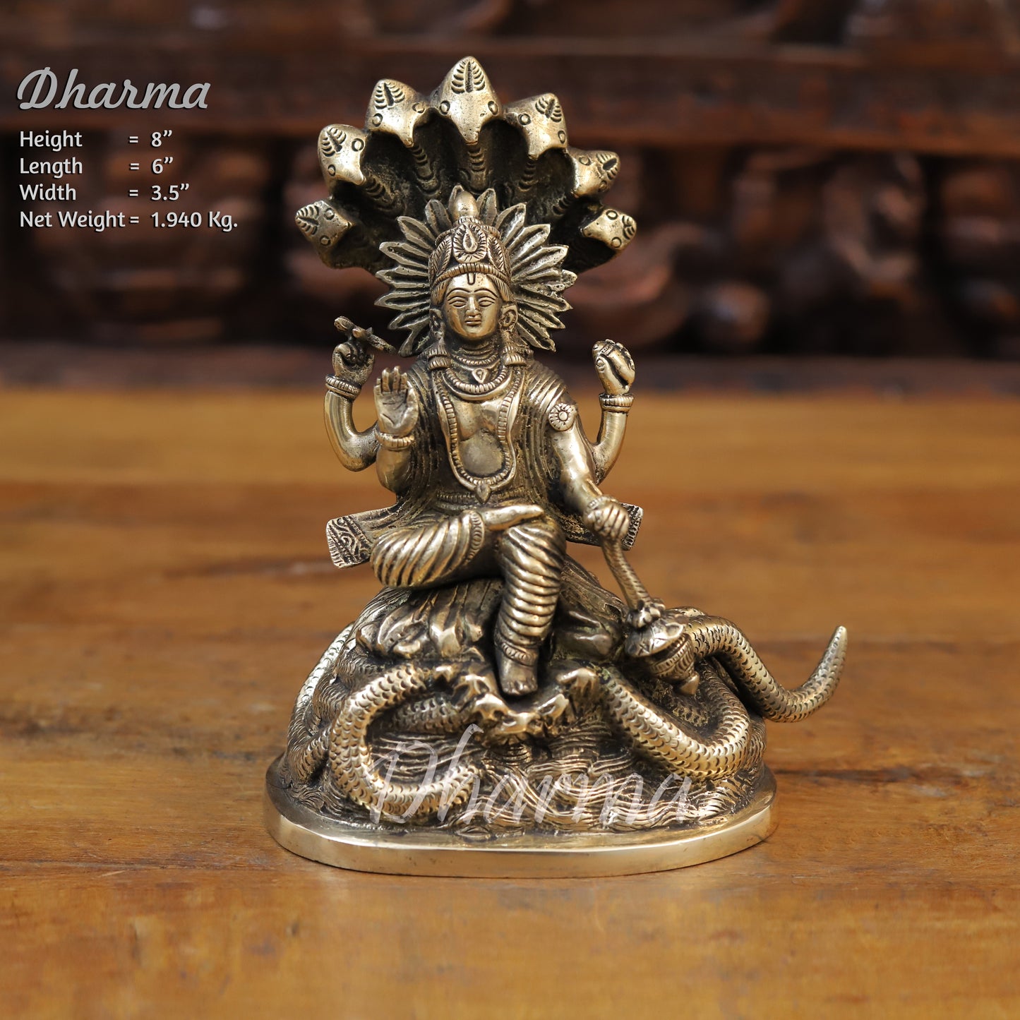 Brass Lord Vishnu Idol Sitting on Sheshnag, Fine Golden Finish, 8"