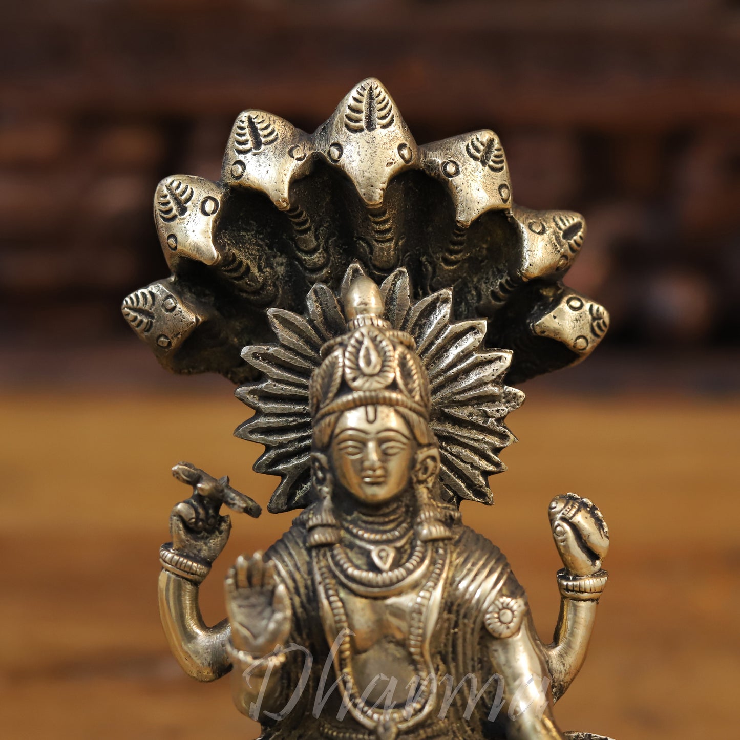 Brass Lord Vishnu Idol Sitting on Sheshnag, Fine Golden Finish, 8"