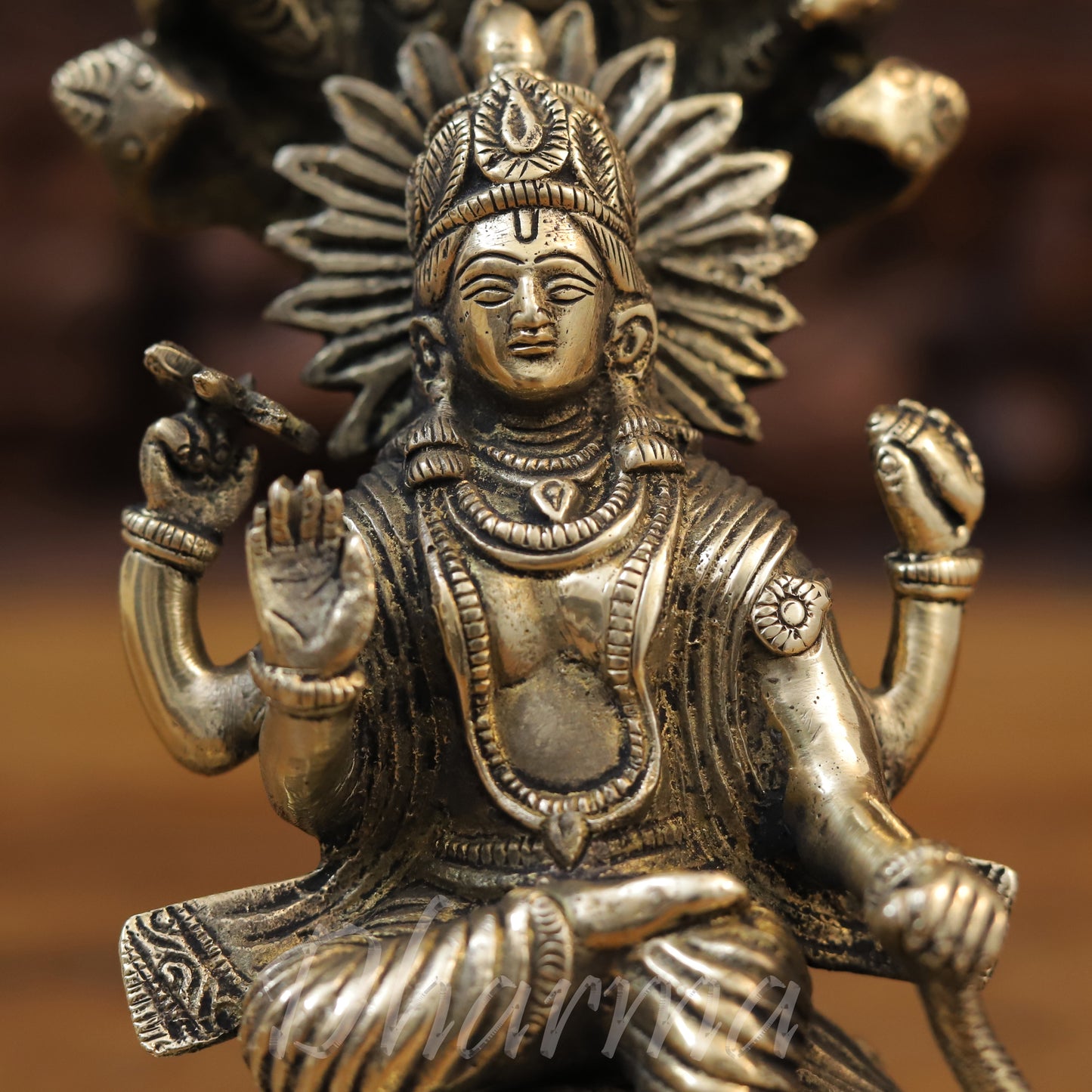 Brass Lord Vishnu Idol Sitting on Sheshnag, Fine Golden Finish, 8"