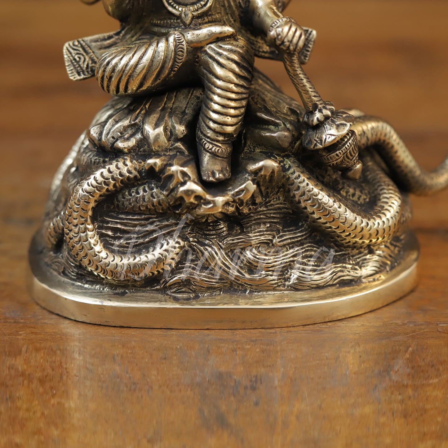 Brass Lord Vishnu Idol Sitting on Sheshnag, Fine Golden Finish, 8"