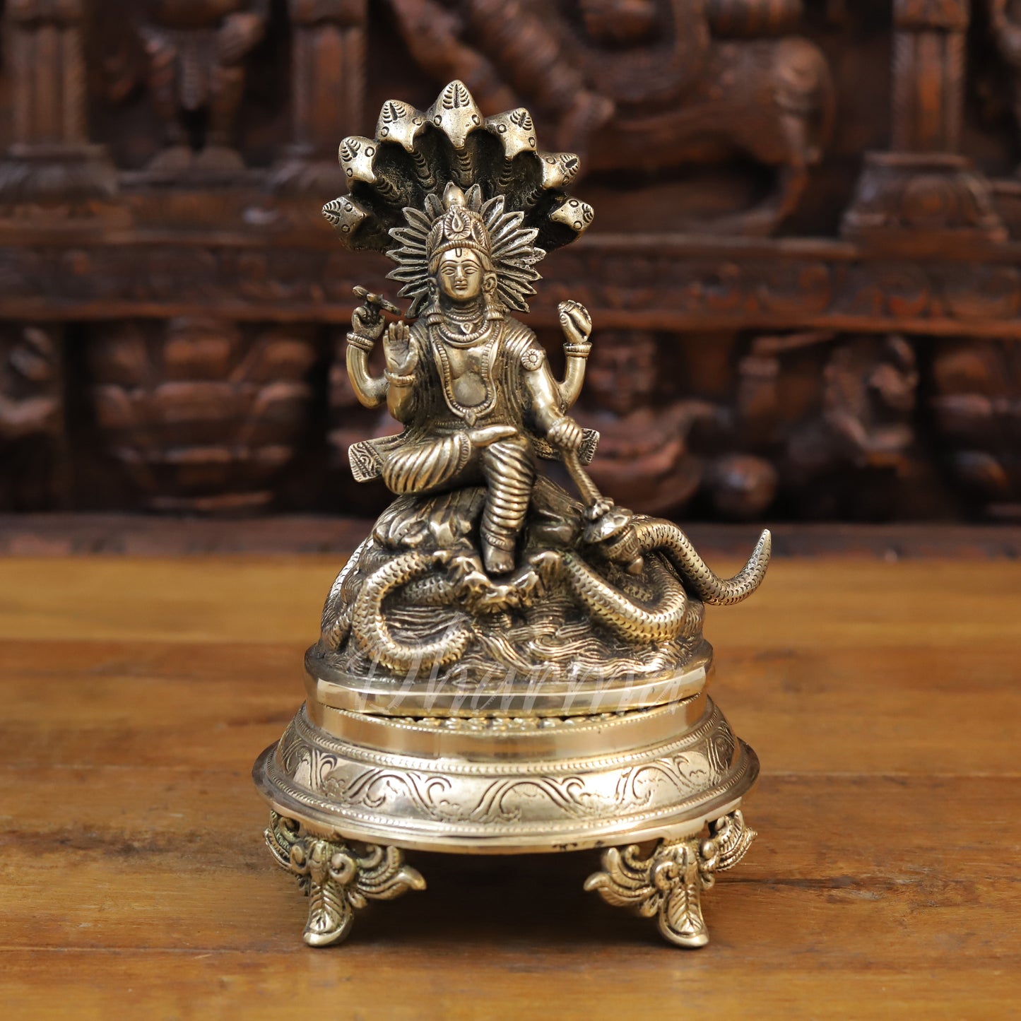 Brass Lord Vishnu Idol Sitting on Sheshnag, Fine Golden Finish, 8"