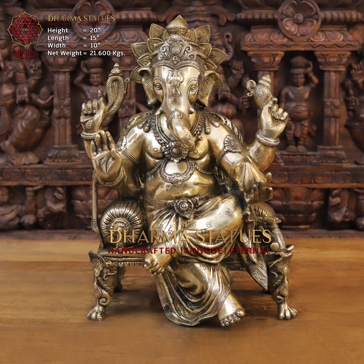 Brass Ganesh seated on Chowki, Blessing posture, Golden Finish, 20"