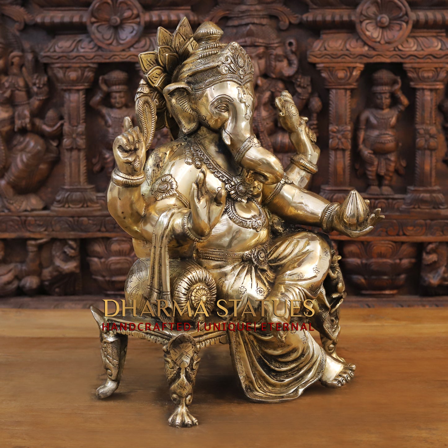 Brass Ganesh seated on Chowki, Blessing posture, Golden Finish, 20"