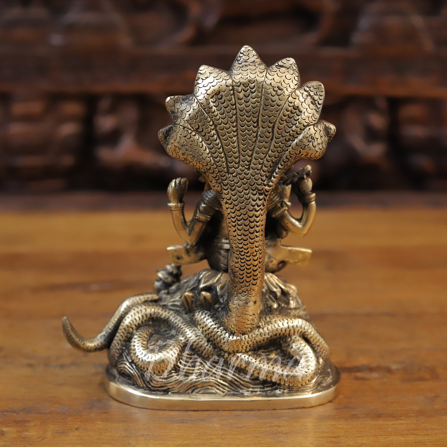 Brass Lord Vishnu Idol Sitting on Sheshnag, Fine Golden Finish, 8"