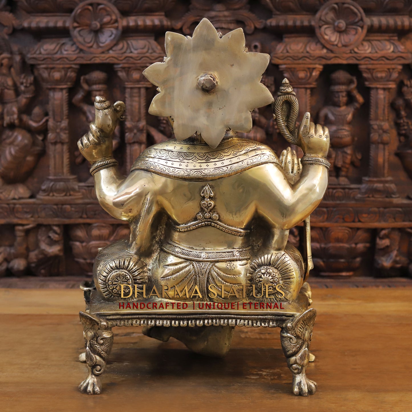 Brass Ganesh seated on Chowki, Blessing posture, Golden Finish, 20"